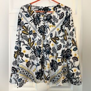 Liz Claiborne Career Floral Blouse White Teal Brown Black Long Sleeve Boho Sz XL